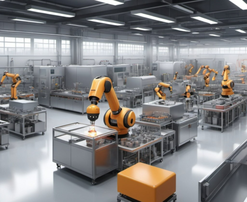 3D rendering of a smart factory, manufacturing kitchen utensils, AI smart cameras monitoring all machines, AI smart cameras detecting smoke or fire, high-tech manufacturing facility, futuristic industrial setting, advanced robotic arms, precision engineering, smart factory monitoring systems, high quality, 3D rendering, futuristic, highly detailed, industrial, hi-tech, AI cameras, advanced robotics, safety monitoring, modern, sleek design, high-tech machinery, professional lighting