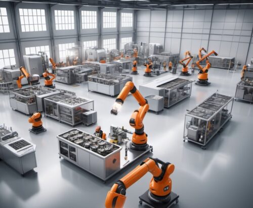 Smart factory. AI smart cameras monitoring all machines